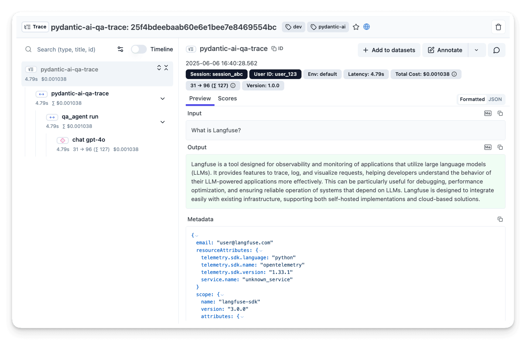 Pydantic AI trace visualization in
Langfuse
